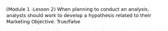 (Module 1 -Lesson 2) When planning to conduct an analysis, analysts should work to develop a hypothesis related to their Marketing Objective. True/False