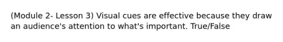 (Module 2- Lesson 3) Visual cues are effective because they draw an audience's attention to what's important. True/False