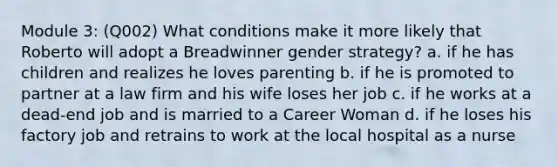 Module 3: (Q002) What conditions make it more likely that Roberto will adopt a Breadwinner gender strategy? a. if he has children and realizes he loves parenting b. if he is promoted to partner at a law firm and his wife loses her job c. if he works at a dead-end job and is married to a Career Woman d. if he loses his factory job and retrains to work at the local hospital as a nurse