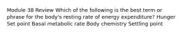 Module 38 Review Which of the following is the best term or phrase for the body's resting rate of energy expenditure? Hunger Set point Basal metabolic rate Body chemistry Settling point