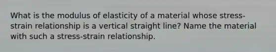 What is the modulus of elasticity of a material whose stress-strain relationship is a vertical straight line? Name the material with such a stress-strain relationship.