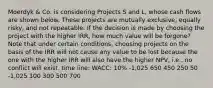 Moerdyk & Co. is considering Projects S and L, whose cash flows are shown below. These projects are mutually exclusive, equally risky, and not repeatable. If the decision is made by choosing the project with the higher IRR, how much value will be forgone? Note that under certain conditions, choosing projects on the basis of the IRR will not cause any value to be lost because the one with the higher IRR will also have the higher NPV, i.e., no conflict will exist. time line: WACC: 10% -1,025 650 450 250 50 -1,025 100 300 500 700