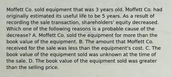 Moffett Co. sold equipment that was 3 years old. Moffett Co. had originally estimated its useful life to be 5 years. As a result of recording the sale transaction, shareholders' equity decreased. Which one of the following reasons is a probable cause of the decrease? A. Moffett Co. sold the equipment for <a href='https://www.questionai.com/knowledge/keWHlEPx42-more-than' class='anchor-knowledge'>more than</a> the book value of the equipment. B. The amount that Moffett Co. received for the sale was <a href='https://www.questionai.com/knowledge/k7BtlYpAMX-less-than' class='anchor-knowledge'>less than</a> the equipment's cost. C. The book value of the equipment sold was unknown at the time of the sale. D. The book value of the equipment sold was <a href='https://www.questionai.com/knowledge/ktgHnBD4o3-greater-than' class='anchor-knowledge'>greater than</a> the selling price.