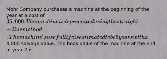 Mohr Company purchases a machine at the beginning of the year at a cost of 35,000. The machine is depreciated using the straight-line method. The machine's useful life is estimated to be 5 years with a4,000 salvage value. The book value of the machine at the end of year 2 is: