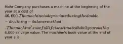 Mohr Company purchases a machine at the beginning of the year at a cost of 46,000. The machine is depreciated using the double-declining-balance method. The machine's useful life is estimated to be 5 years with a4,000 salvage value. The machine's book value at the end of year 2 is: