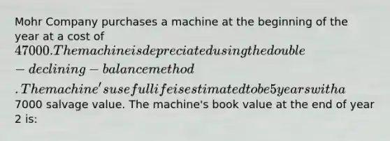 Mohr Company purchases a machine at the beginning of the year at a cost of 47000. The machine is depreciated using the double-declining-balance method. The machine's useful life is estimated to be 5 years with a7000 salvage value. The machine's book value at the end of year 2 is: