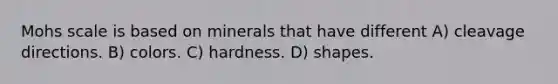 Mohs scale is based on minerals that have different A) cleavage directions. B) colors. C) hardness. D) shapes.