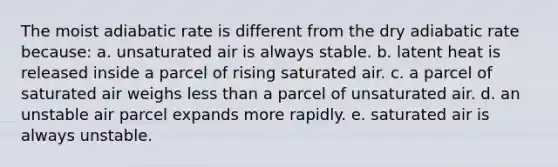 The moist adiabatic rate is different from the dry adiabatic rate because: a. unsaturated air is always stable. b. latent heat is released inside a parcel of rising saturated air. c. a parcel of saturated air weighs less than a parcel of unsaturated air. d. an unstable air parcel expands more rapidly. e. saturated air is always unstable.