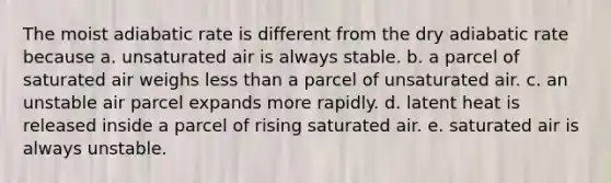 The moist adiabatic rate is different from the dry adiabatic rate because a. unsaturated air is always stable. b. a parcel of saturated air weighs less than a parcel of unsaturated air. c. an unstable air parcel expands more rapidly. d. latent heat is released inside a parcel of rising saturated air. e. saturated air is always unstable.