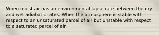 When moist air has an environmental lapse rate between the dry and wet adiabatic rates. When the atmosphere is stable with respect to an unsaturated parcel of air but unstable with respect to a saturated parcel of air.