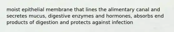 moist epithelial membrane that lines the alimentary canal and secretes mucus, digestive enzymes and hormones, absorbs end products of digestion and protects against infection