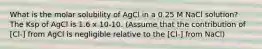 What is the molar solubility of AgCl in a 0.25 M NaCl solution? The Ksp of AgCl is 1.6 x 10-10. (Assume that the contribution of [Cl-] from AgCl is negligible relative to the [Cl-] from NaCl)