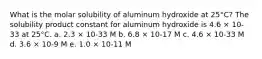 What is the molar solubility of aluminum hydroxide at 25°C? The solubility product constant for aluminum hydroxide is 4.6 × 10-33 at 25°C. a. 2.3 × 10-33 M b. 6.8 × 10-17 M c. 4.6 × 10-33 M d. 3.6 × 10-9 M e. 1.0 × 10-11 M