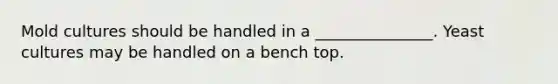 Mold cultures should be handled in a _______________. Yeast cultures may be handled on a bench top.