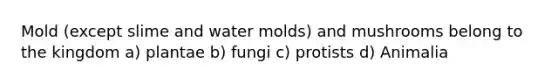 Mold (except slime and water molds) and mushrooms belong to the kingdom a) plantae b) fungi c) protists d) Animalia