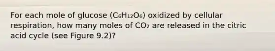 For each mole of glucose (C₆H₁₂O₆) oxidized by cellular respiration, how many moles of CO₂ are released in the citric acid cycle (see Figure 9.2)?