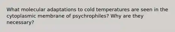 What molecular adaptations to cold temperatures are seen in the cytoplasmic membrane of psychrophiles? Why are they necessary?