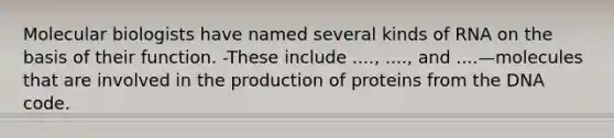 Molecular biologists have named several kinds of RNA on the basis of their function. -These include ...., ...., and ....—molecules that are involved in the production of proteins from the DNA code.