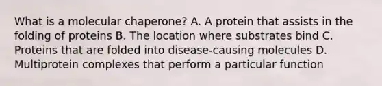 What is a molecular chaperone? A. A protein that assists in the folding of proteins B. The location where substrates bind C. Proteins that are folded into disease-causing molecules D. Multiprotein complexes that perform a particular function