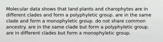 Molecular data shows that land plants and charophytes are in different clades and form a polyphyletic group. are in the same clade and form a monophyletic group. do not share common ancestry. are in the same clade but form a polyphyletic group. are in different clades but form a monophyletic group.