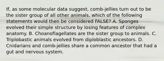 If, as some molecular data suggest, comb-jellies turn out to be the sister group of all other animals, which of the following statements would then be considered FALSE? A. Sponges evolved their simple structure by losing features of complex anatomy. B. Choanoflagellates are the sister group to animals. C. Triplobastic animals evolved from diploblastic ancestors. D. Cnidarians and comb-jellies share a common ancestor that had a gut and <a href='https://www.questionai.com/knowledge/kThdVqrsqy-nervous-system' class='anchor-knowledge'>nervous system</a>.