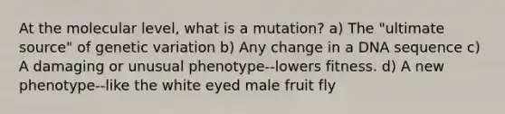 At the molecular level, what is a mutation? a) The "ultimate source" of genetic variation b) Any change in a DNA sequence c) A damaging or unusual phenotype--lowers fitness. d) A new phenotype--like the white eyed male fruit fly