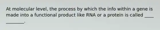 At molecular level, the process by which the info within a gene is made into a functional product like RNA or a protein is called ____ ________.