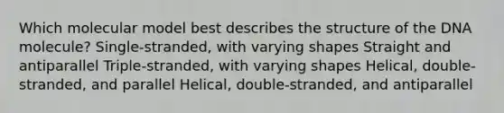 Which molecular model best describes the structure of the DNA molecule? Single-stranded, with varying shapes Straight and antiparallel Triple-stranded, with varying shapes Helical, double-stranded, and parallel Helical, double-stranded, and antiparallel