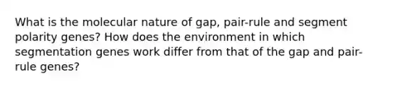 What is the molecular nature of gap, pair-rule and segment polarity genes? How does the environment in which segmentation genes work differ from that of the gap and pair-rule genes?