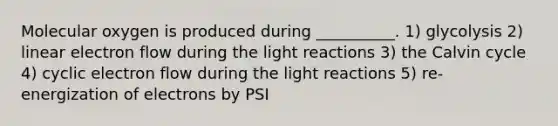 Molecular oxygen is produced during __________. 1) glycolysis 2) linear electron flow during the <a href='https://www.questionai.com/knowledge/kSUoWrrvoC-light-reactions' class='anchor-knowledge'>light reactions</a> 3) the Calvin cycle 4) <a href='https://www.questionai.com/knowledge/ktXlRGlV4V-cyclic-electron-flow' class='anchor-knowledge'>cyclic electron flow</a> during the light reactions 5) re-energization of electrons by PSI