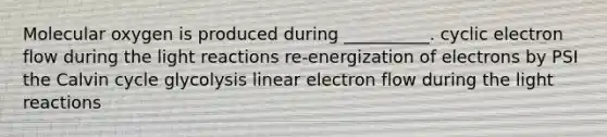 Molecular oxygen is produced during __________. <a href='https://www.questionai.com/knowledge/ktXlRGlV4V-cyclic-electron-flow' class='anchor-knowledge'>cyclic electron flow</a> during the <a href='https://www.questionai.com/knowledge/kSUoWrrvoC-light-reactions' class='anchor-knowledge'>light reactions</a> re-energization of electrons by PSI the Calvin cycle glycolysis linear electron flow during the light reactions