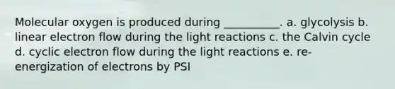 Molecular oxygen is produced during __________. a. glycolysis b. linear electron flow during the light reactions c. the Calvin cycle d. cyclic electron flow during the light reactions e. re-energization of electrons by PSI