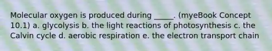 Molecular oxygen is produced during _____. (myeBook Concept 10.1) a. glycolysis b. the light reactions of photosynthesis c. the Calvin cycle d. aerobic respiration e. the electron transport chain