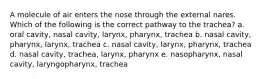 A molecule of air enters the nose through the external nares. Which of the following is the correct pathway to the trachea? a. oral cavity, nasal cavity, larynx, pharynx, trachea b. nasal cavity, pharynx, larynx, trachea c. nasal cavity, larynx, pharynx, trachea d. nasal cavity, trachea, larynx, pharynx e. nasopharynx, nasal cavity, laryngopharynx, trachea