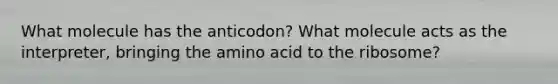 What molecule has the anticodon? What molecule acts as the interpreter, bringing the amino acid to the ribosome?