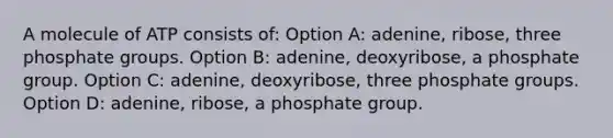 A molecule of ATP consists of: Option A: adenine, ribose, three phosphate groups. Option B: adenine, deoxyribose, a phosphate group. Option C: adenine, deoxyribose, three phosphate groups. Option D: adenine, ribose, a phosphate group.