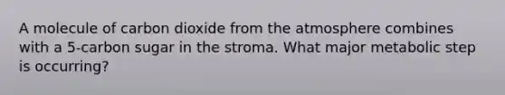 A molecule of carbon dioxide from the atmosphere combines with a 5-carbon sugar in the stroma. What major metabolic step is occurring?