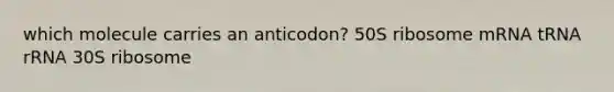 which molecule carries an anticodon? 50S ribosome mRNA tRNA rRNA 30S ribosome