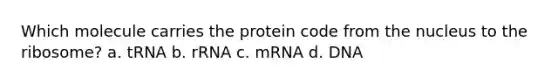 Which molecule carries the protein code from the nucleus to the ribosome? a. tRNA b. rRNA c. mRNA d. DNA