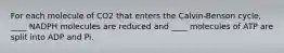 For each molecule of CO2 that enters the Calvin-Benson cycle, ____ NADPH molecules are reduced and ____ molecules of ATP are split into ADP and Pi.