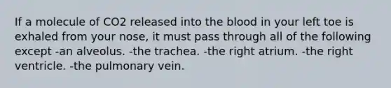 If a molecule of CO2 released into the blood in your left toe is exhaled from your nose, it must pass through all of the following except -an alveolus. -the trachea. -the right atrium. -the right ventricle. -the pulmonary vein.