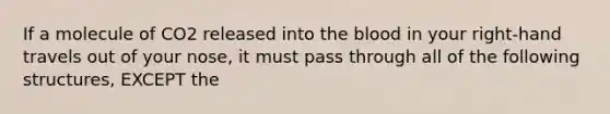 If a molecule of CO2 released into the blood in your right-hand travels out of your nose, it must pass through all of the following structures, EXCEPT the