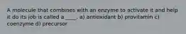 A molecule that combines with an enzyme to activate it and help it do its job is called a ____. a) antioxidant b) provitamin c) coenzyme d) precursor