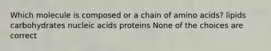 Which molecule is composed or a chain of amino acids? lipids carbohydrates nucleic acids proteins None of the choices are correct