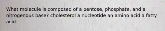 What molecule is composed of a pentose, phosphate, and a nitrogenous base? cholesterol a nucleotide an amino acid a fatty acid