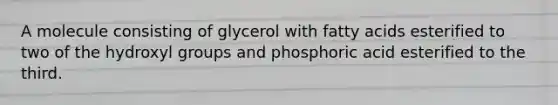 A molecule consisting of glycerol with fatty acids esterified to two of the hydroxyl groups and phosphoric acid esterified to the third.