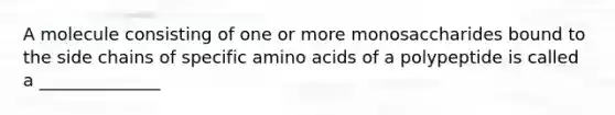 A molecule consisting of one or more monosaccharides bound to the side chains of specific amino acids of a polypeptide is called a ______________