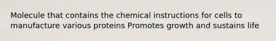 Molecule that contains the chemical instructions for cells to manufacture various proteins Promotes growth and sustains life