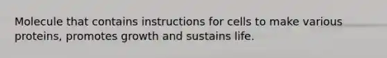 Molecule that contains instructions for cells to make various proteins, promotes growth and sustains life.