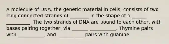 A molecule of DNA, the genetic material in cells, consists of two long connected strands of ________ in the shape of a ______ __________. The two strands of DNA are bound to each other, with bases pairing together, via _______ ___________. Thymine pairs with ___________, and ___________ pairs with guanine.